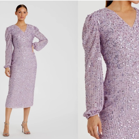MAC DUGGAL 107641 SEQUINED ILLUSIONS PUFF SLEEVE V-NECK LAVENEDER MIDI DRESS 8